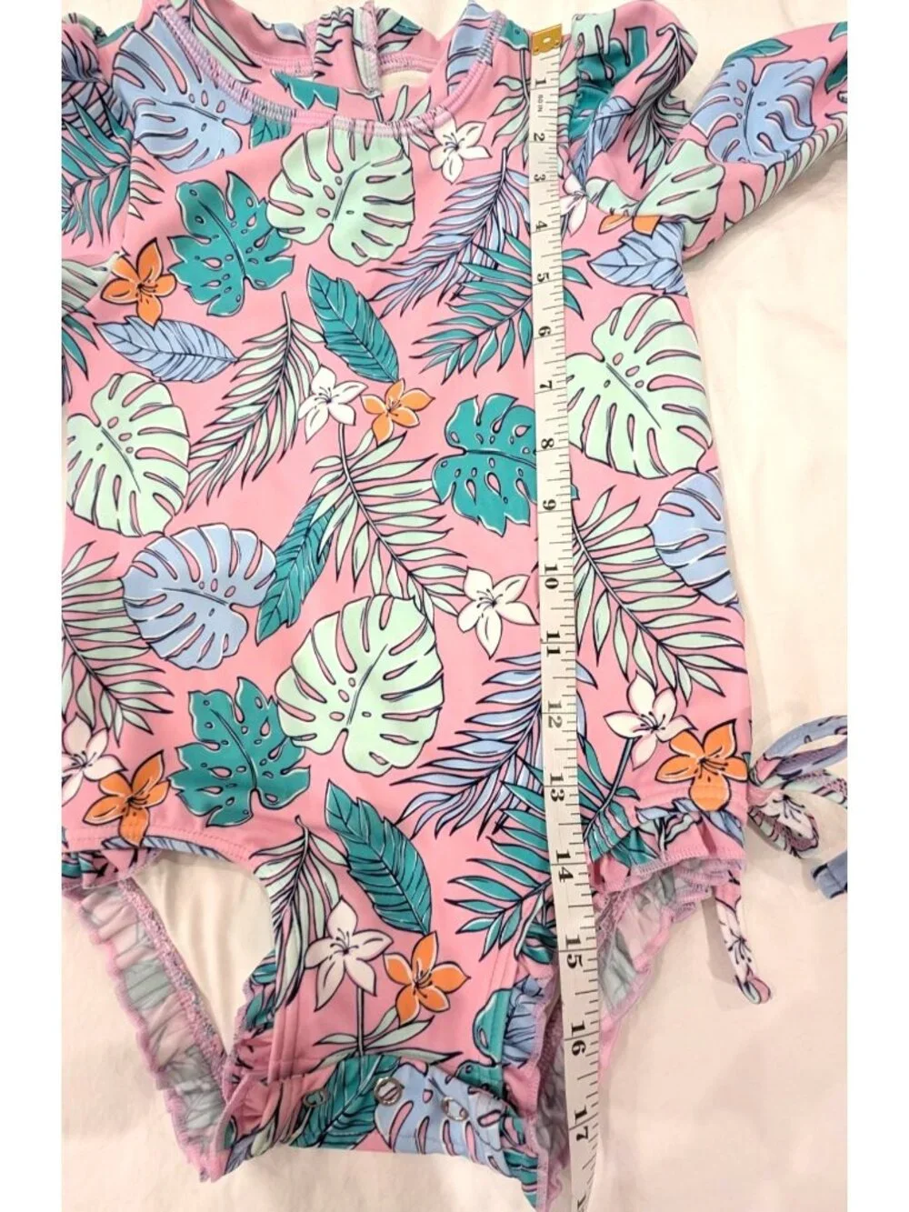 NEW Quince Toddler Long Sleeve Tie One-Piece Swimsuit, Palm, Size 3T